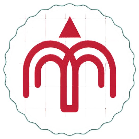 a red and white circle with the letter m in it's center is shown