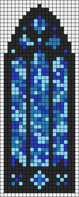 a cross stitch pattern with blue and black squares in the shape of a church window