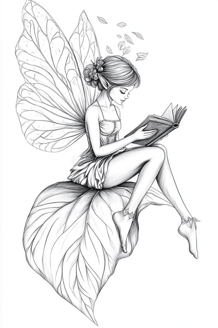 a fairy sitting on top of a leaf reading a book