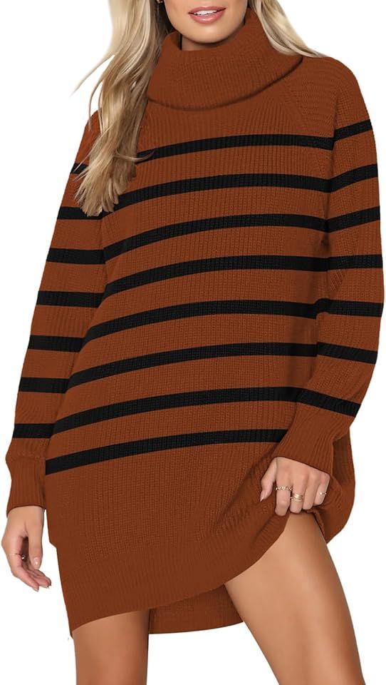 Pink Queen Women's 2024 Fall Oversized Sweater Dresses Turtleneck Long Sleeve Ribbed Pullover Knit Stripe Mini Dress - thanksgiving outfit women Cute Turtleneck, Mini Short Dresses, Stripe Knit Sweater, Thanksgiving Outfit Women, Sweater Dress Oversized, Burnt Orange Dress, Mini Sweater, Ribbed Knit Fabric, Turtleneck Sweater Dress