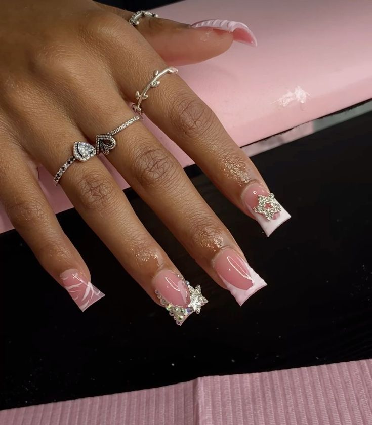 Nails With Rhinestones Medium Length, Nail Inspo Junk Nails, Butterfly Nails, Duck Nails, Hard Nails, Drip Nails, Colored Acrylic Nails, French Tip Acrylic Nails, Her Nails