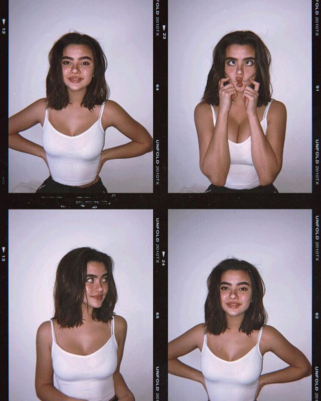 four different pictures of a woman posing for the camera with her hands on her face