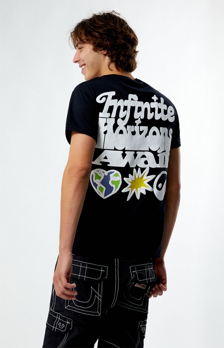 Infinite Horizons T-Shirt Summer Band Merch T-shirt With Back Print, Relaxed Fit T-shirt With Back Print For Summer, Retro T-shirt With Back Print For Summer, Spring T-shirt With Back Print And Relaxed Fit, Retro Summer Tops With Back Print, Summer Graphic Tee With Back Print, Spring Streetwear T-shirt With Front Print, Spring Graphic Tee With Back Print, Summer Band Merch T-shirt With Logo Print