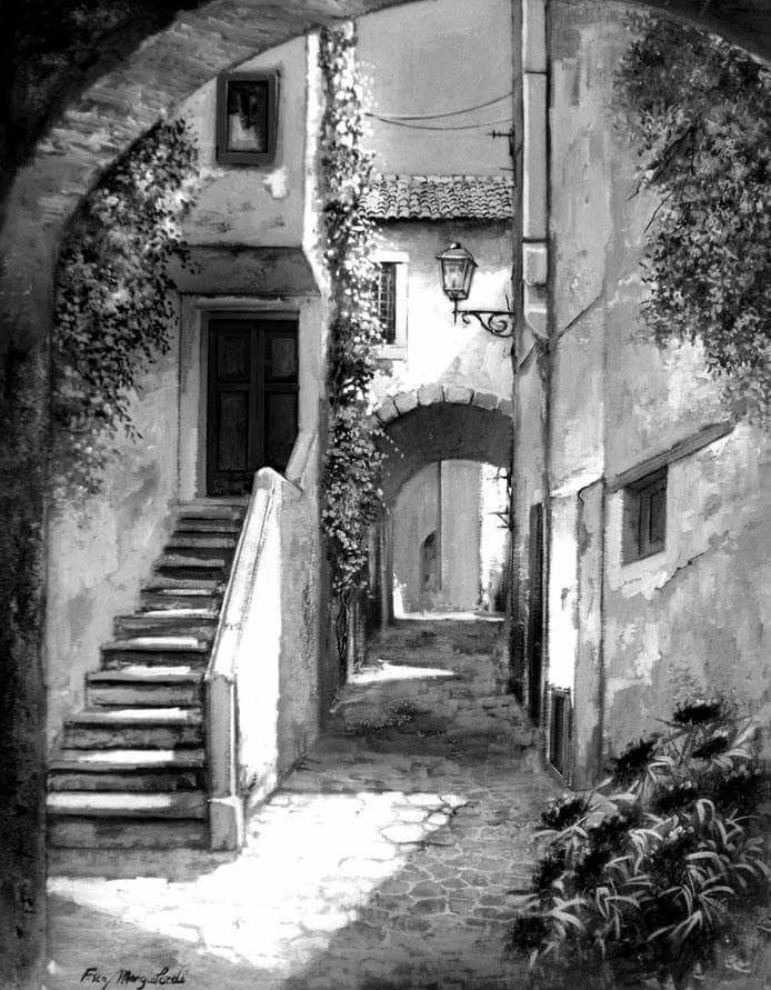 a black and white drawing of an alleyway with stairs leading up to the door