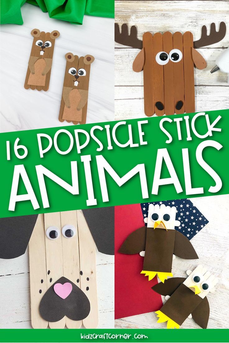 popsicle stick animals with the words popsicle stick animals on them in green and white