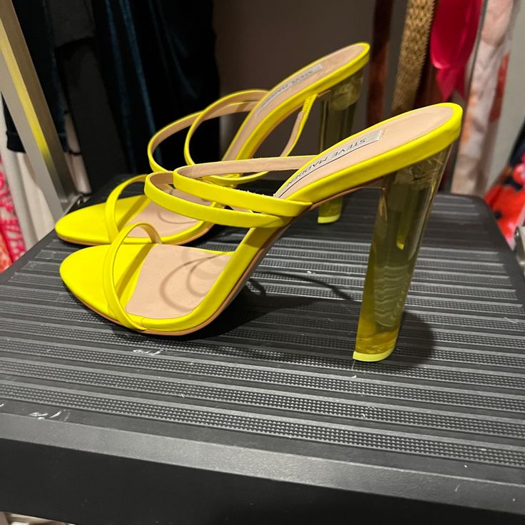 So Cute! Roughly 5” Heel And I Just Don’t Have The Skills To Walk In Them. Has Sticker Residue From Store, But Never Worn Outside The House Yellow High Heel Shoes For Spring, Yellow Closed Toe Heels With Wrapped Heel, Yellow Open Heel Party Shoes, Yellow Sandals With Wrapped Heel And Round Toe, Yellow Wrapped Heel Round Toe Sandals, Trendy Yellow Sandals With Wrapped Heel, Chic Yellow Heels With Round Toe, Chic Yellow Heels With Wrapped Heel, Trendy Yellow Heels For Party