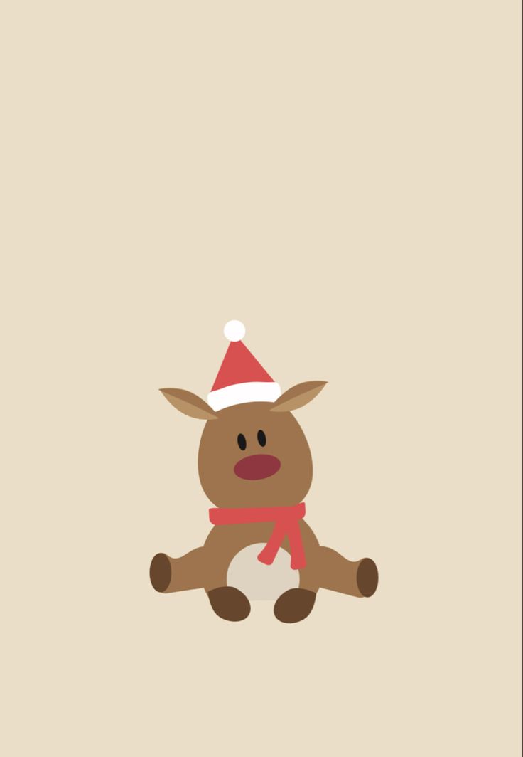 a reindeer with a santa hat and scarf on it's head, sitting in front of a beige background