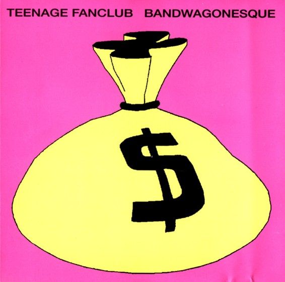 a yellow bag filled with money on top of a pink background and the words teenage fancli bandwagonhouse