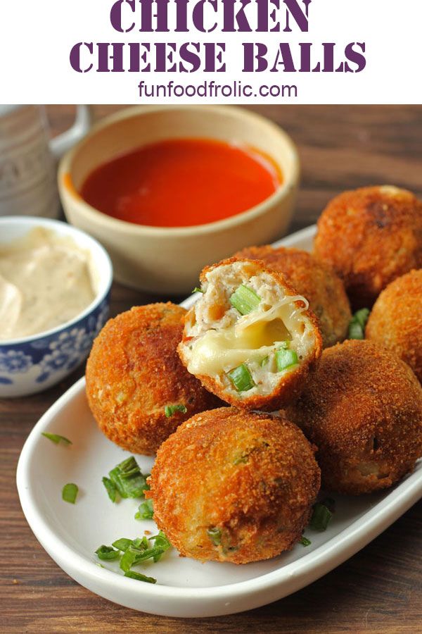 chicken cheese balls on a plate with dipping sauce