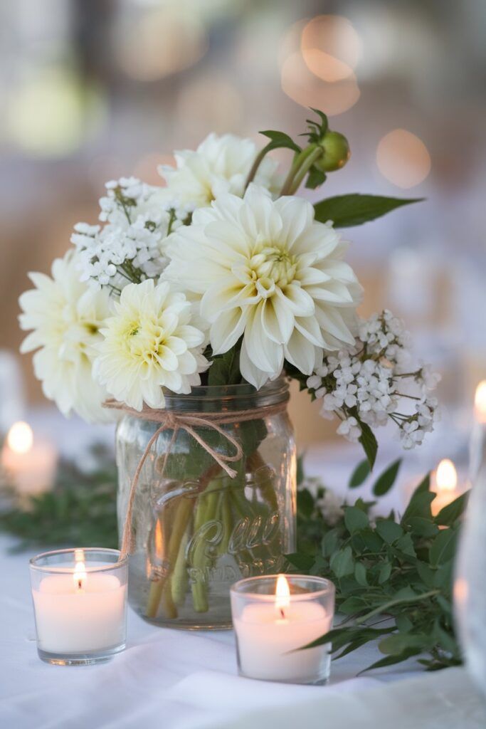 A rustic table setting featuring a glass jar of white dahlias and baby's breath tied with twine, surrounded by small lit votive candles. The background is softly blurred, creating a warm and intimate ambiance. Simple Flower Table Centerpieces, Casual Centerpieces, Diy Mason Jar Centerpieces Table Decorations Fairy Lights, Mason Jar Fresh Flower Centerpieces, Wedding Diy Centerpieces, Glass Jar Flower Arrangement With Tea Light, Table Center Pieces Mason Jars, Simple Wedding Table Centerpieces, White Flowers Mason Jar Centerpiece