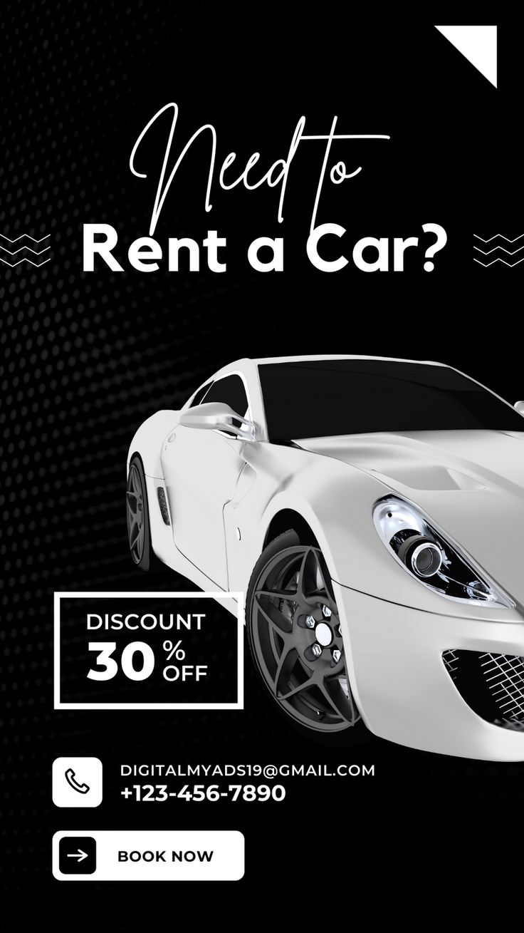 a black and white advertisement for a car dealership with the words need to rent a car?