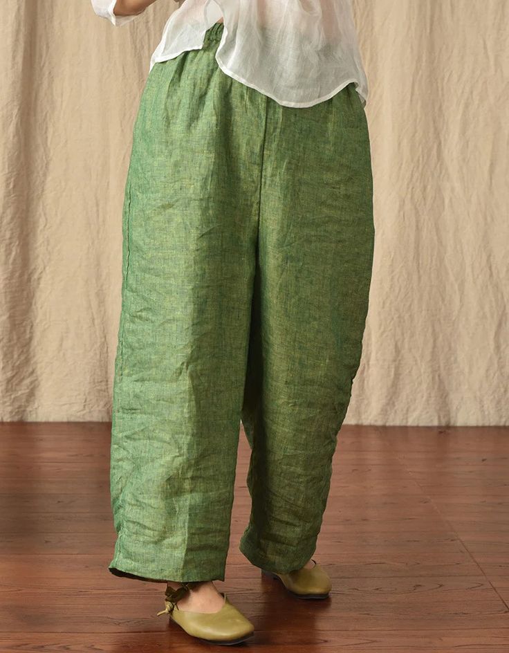 Leisure Pure Linen Wide Leg Trousers — Obiono Comfortable Linen Harem Pants For Spring, Spring Linen Harem Pants With Loose Fit, Casual Ramie Bottoms With Relaxed Fit, Casual Green Linen Bottoms, Casual Straight Leg Flax Bottoms, Comfortable Linen Wide Leg Pants For Spring, Relaxed Fit Ramie Pants For Summer, Casual Wide Leg Flax Bottoms, Summer Relaxed Fit Ramie Pants