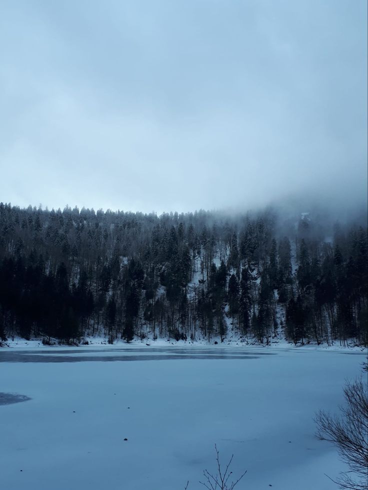 the snow is covering the ground and trees in the distance, with low lying clouds