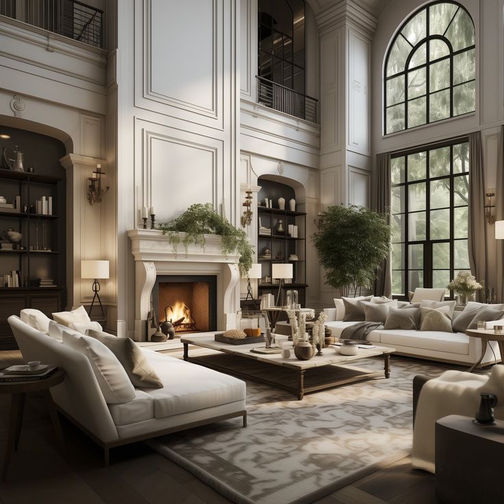 a living room with couches, chairs and a fire place in the middle of it