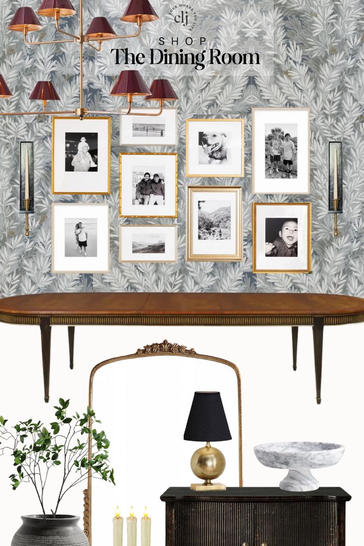 the dining room is decorated in shades of grey and gold, with pictures on the wall