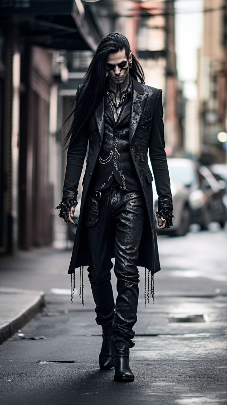 Goth man created with AI by Amanda Church Man Gothic Fashion, Dark Gothic Clothes Male, Gothic Attire Men, Goth Aesthetic Masculine, Goth Wedding Outfit Men, Mens Vampire Outfit, Vampire Aesthetic Outfit Men, Emo Prom Suit Men, Gothic Victorian Clothing Men