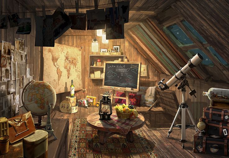 a room filled with lots of furniture and a telescope on top of a wooden table