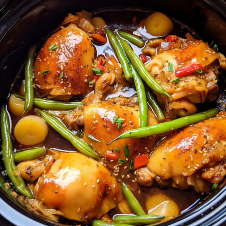 chicken and green beans in a slow cooker