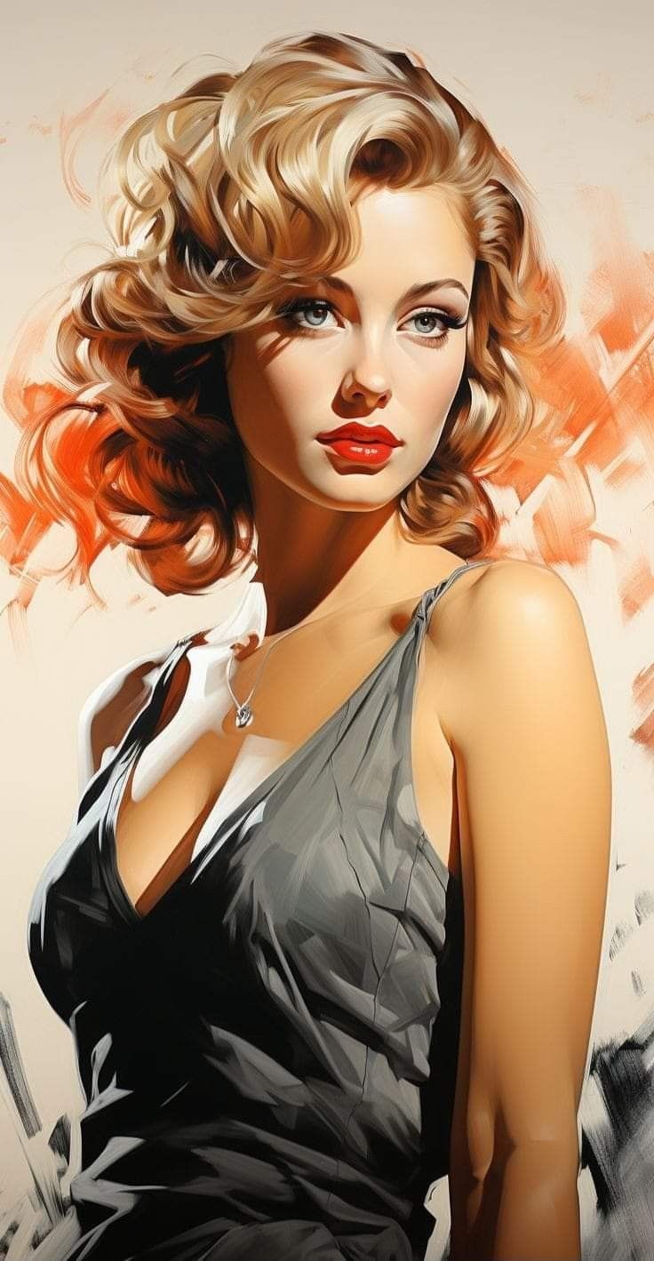 a digital painting of a woman with red lips and blonde hair wearing a black dress