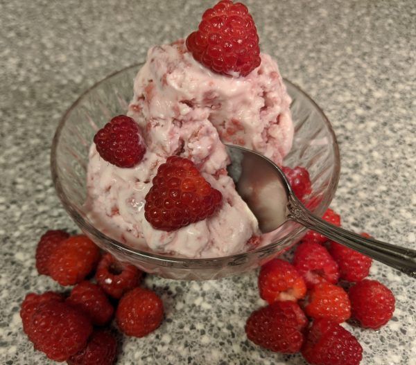 a bowl filled with ice cream and raspberries