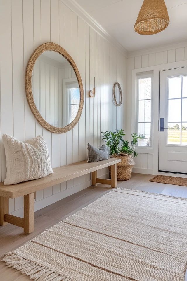 a white room with a bench, mirror and potted plant on the wall next to it