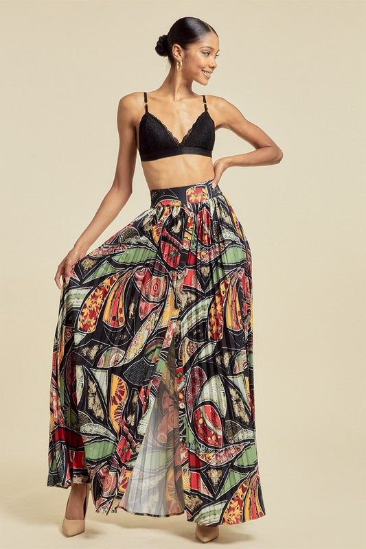 Women's Printed and Pleated Open Skirt – BPosh Beauty Bar & Boutique Tiered Skirt Bottoms With Pockets For Day Out, Tiered Maxi Skirt With Pockets For Day Out, Fitted Tiered Maxi Skirt With Pockets, Spring Flared Skirt With Button Closure, Vacation Tiered Skirt, High Waist Summer Maxi Skirt With Elastic Waistband, Flowy High-waist Maxi Skirt For Summer, Beach Flared Skirt Bottoms With Elastic Waistband, High Waist Elastic Maxi Skirt For Summer