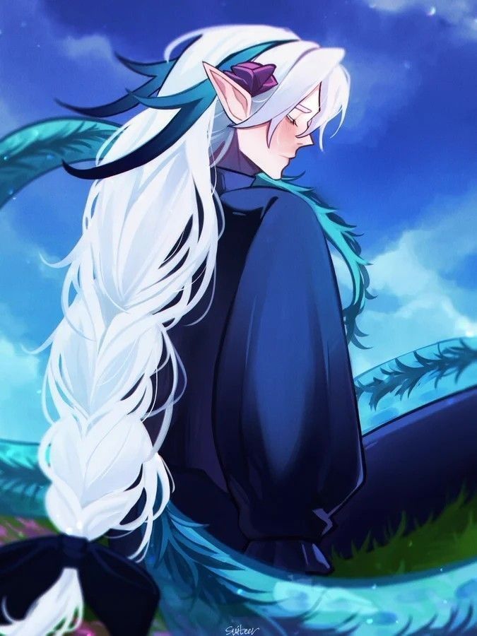 an anime character with long white hair and blue eyes sitting in front of a body of water