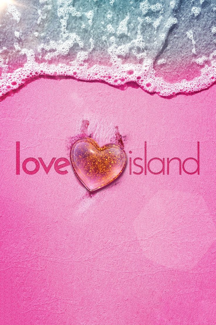 the word love island written in pink and blue water with a heart shaped object on it