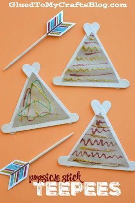 three different types of crafts on an orange background with the words popsicle stick teepees