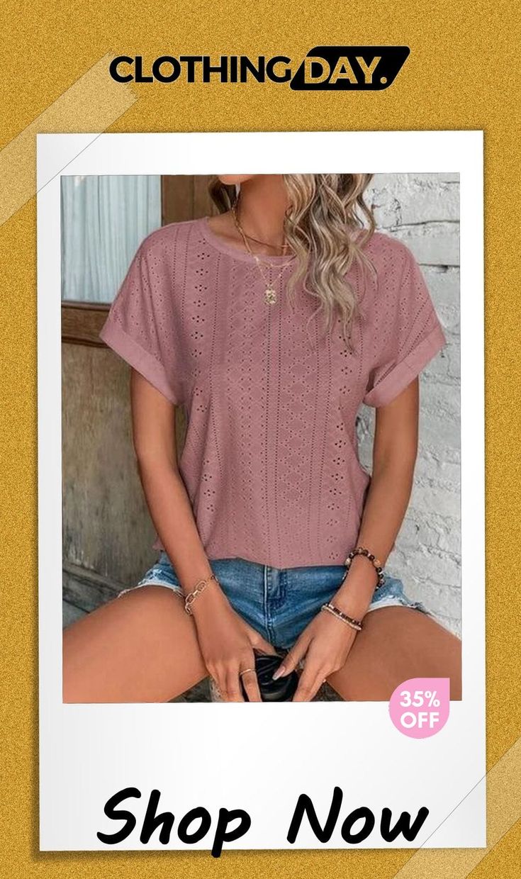 Eyelet Round Neck Short Sleeve T-shirt Round Neck, Shop Now, Free Shipping, T Shirt, Clothes