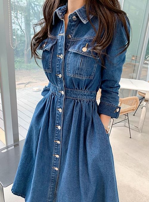 Denim Dresses Online, Vacation Winter, Long Sleeve Denim Dress, Belt Pocket, Womens Denim Dress, Dress Denim, Style Formal, Plain Dress, Trends 2023