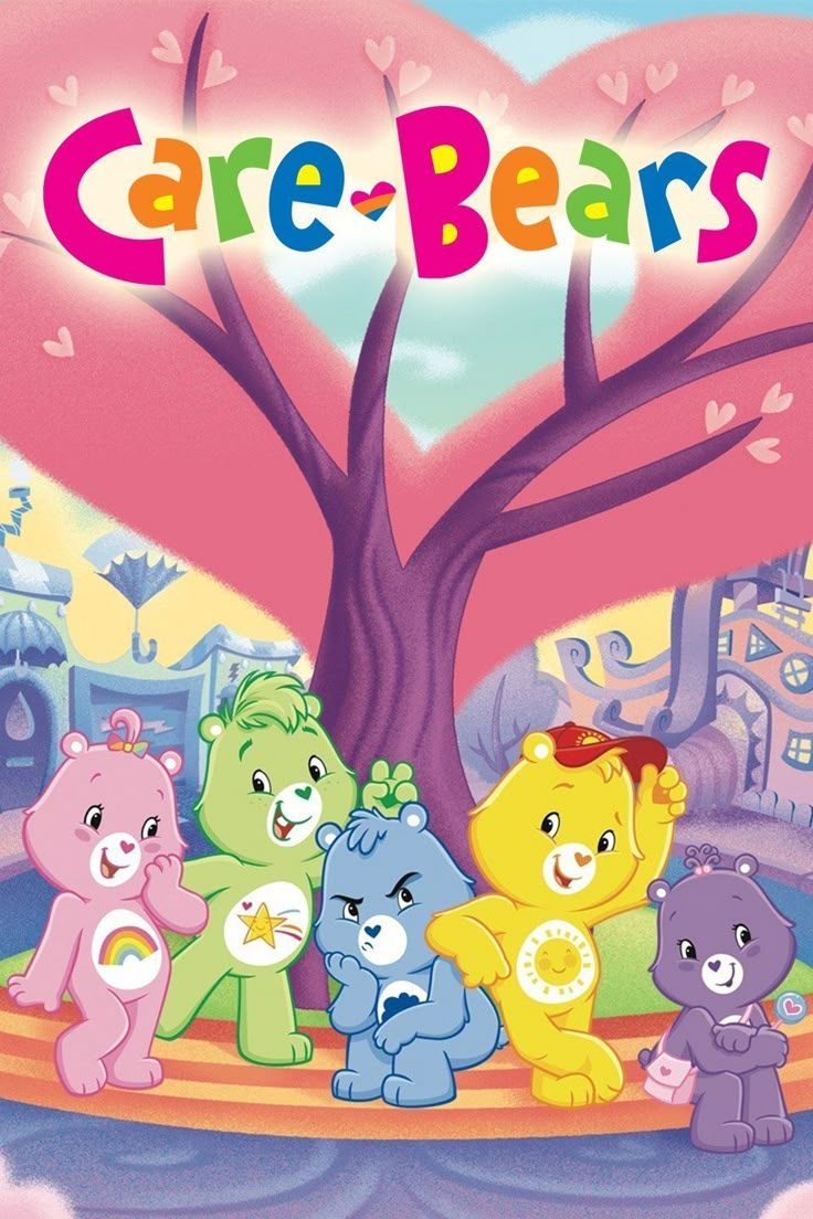 care bears are standing in front of a heart shaped tree with the word care bears on it