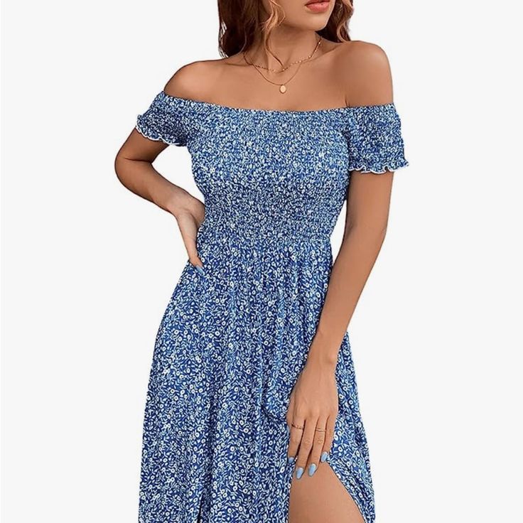 Women’s Boho Floral Off The Shoulder Split A-Line Dress. Machine Washable. 100% Rayon Lightweight And Flowing. Wore Once For A Bridal Shower. Practically Brand New. Entertaining Offers! Blue Non-stretch Summer Midi Dress, Non-stretch Summer Blue Midi Dress, Blue Ditsy Floral Print Short Sleeve Maxi Dress, Casual Blue Maxi Dress With Ditsy Floral Print, Blue Ditsy Floral Maxi Dress For Day Out, Blue Ditsy Floral Print Maxi Dress For Brunch, Blue Ditsy Floral Midi Dress For Beach, Blue Midi Dress With Ditsy Floral Print For Beach, Casual Blue Off-shoulder Maxi Dress