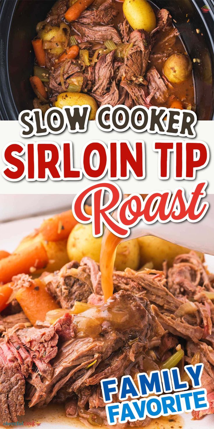 the slow cooker recipe for slow cooked beef is shown with potatoes and carrots