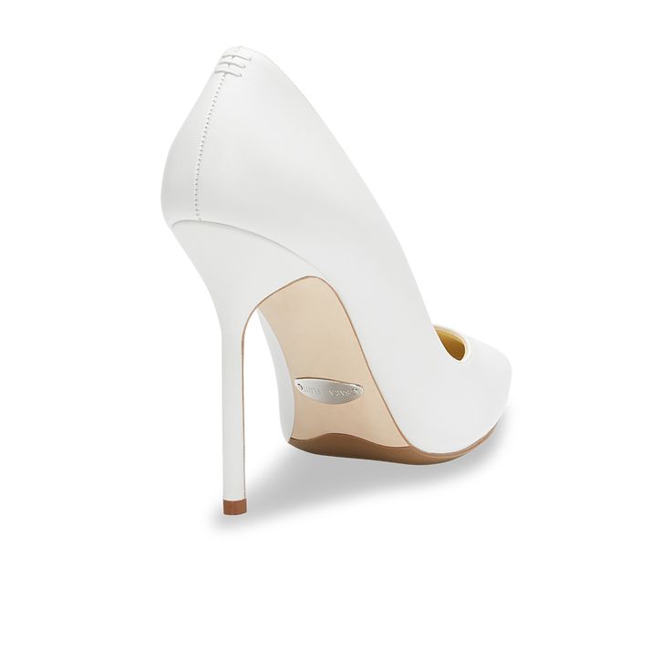 A timeless 100mm stiletto pump in white calf leather, packed with comfort-driven features like anatomical arch support and extra footbed padding. Classic White Court Shoes With 4-inch Heel, Classic White Court Shoes With Padded Heel, Sleek White Leather Heels, White High Heel Court Shoes With Reinforced Heel, Classic White Court Shoes With Deep Heel Cup, White Office Heels With Branded Heel Counter, Modern White Heels With Sculpted Heel, Classic White Heels With Sculpted Heel, White Almond Toe Heels With Reinforced Heel