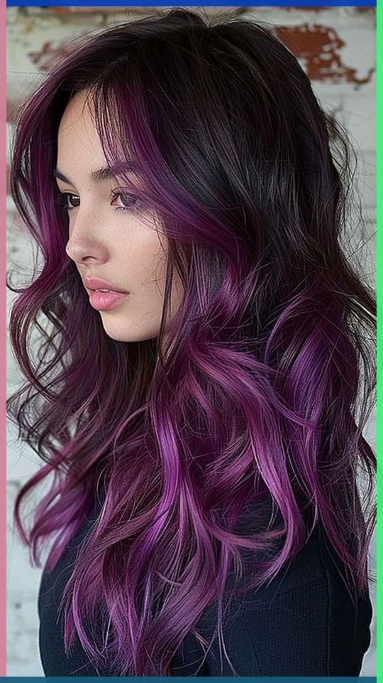 Maroon And Purple Hair, Funky Coloured Hair, Long Coloured Hair, Black Ombre Hair Color, Coloured Hair Inspiration, Brown Purple Ombre Hair, Purple Hair With Brown, Purple In Brown Hair, Colours That Go With Purple