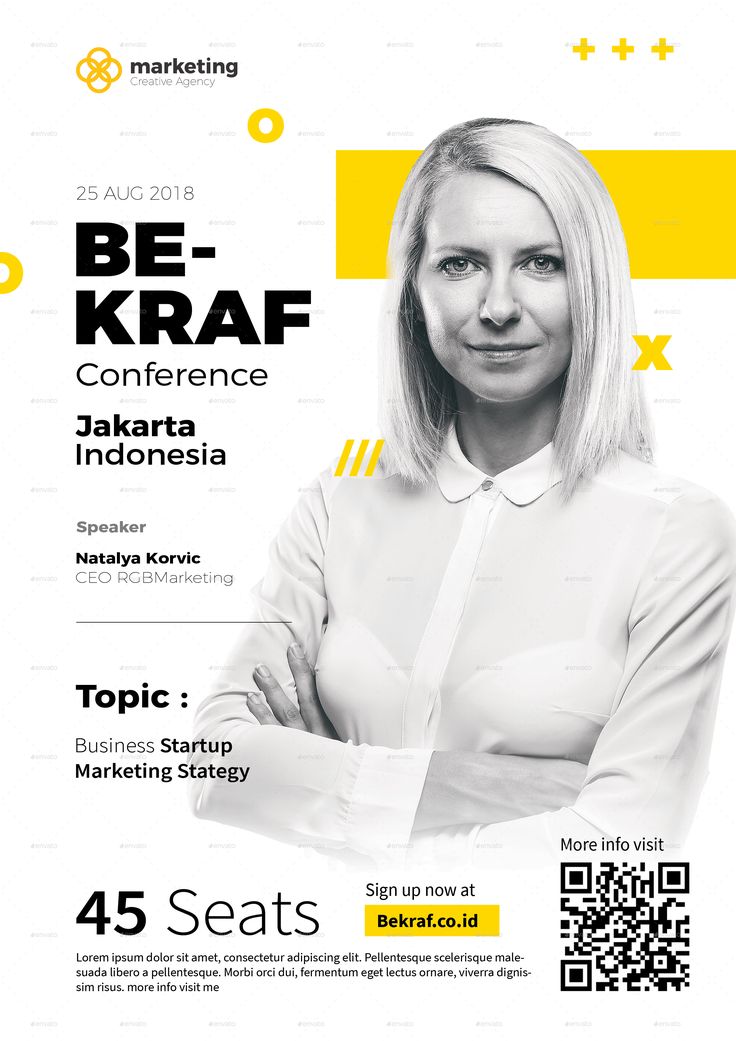 a poster for the be kraf conference with a woman in white shirt and yellow stripes