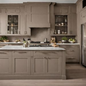 a kitchen filled with lots of gray cabinets and counter tops next to a refrigerator freezer