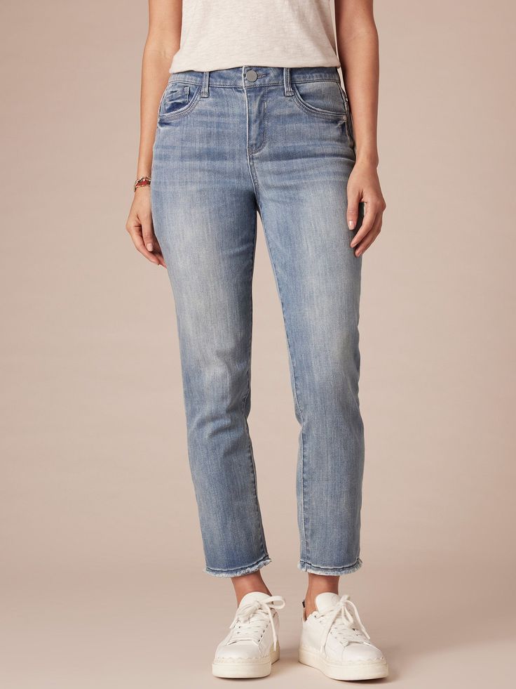 Mid Blue Denim Absolution High Rise Slim Straight Embroidered Cascading D Back Pocket Clean Finish Fray Hem Petite Jeans Ankle Length Jeans, Timeless Classic Style, Petite Jeans, Slim Straight Jeans, Premium Denim, Jeans Brands, Denim Fabric, Sanding, Denim Wash