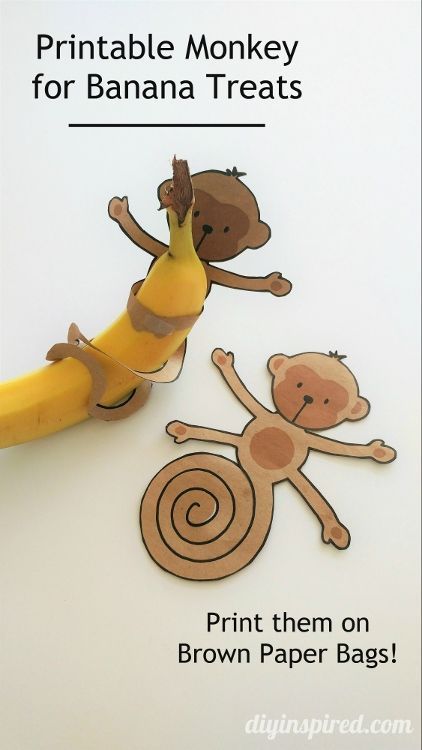 printable monkey for banana treats on brown paper bags with monkeys and spirals cut out