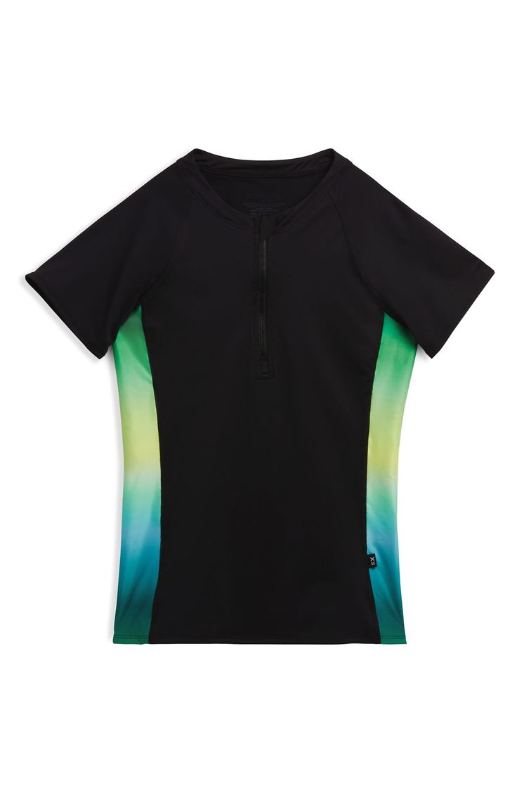 Vibrant colorblocking enlivens this quick-drying rashguard that will help keep you protected from the surf, sun and sand. Crewneck   Short sleeves   Partially lined   80% recycled polyester; 20% spandex   Hand wash, line dry   Imported Crew Neck Swimwear With Upf 50+, Upf 50+ Crew Neck Swimwear, Green Rash Guard For Surfing Beachwear, Green Beachwear Rash Guard For Surfing, Multicolor Rash Guard With Upf 50+ For Summer, Crew Neck Swimwear For Surfing In Summer, Summer Beach Rash Guard With Crew Neck, Beachwear Tops For Water Sports Upf 50+, Summer Multicolor Rash Guard With Upf 50+