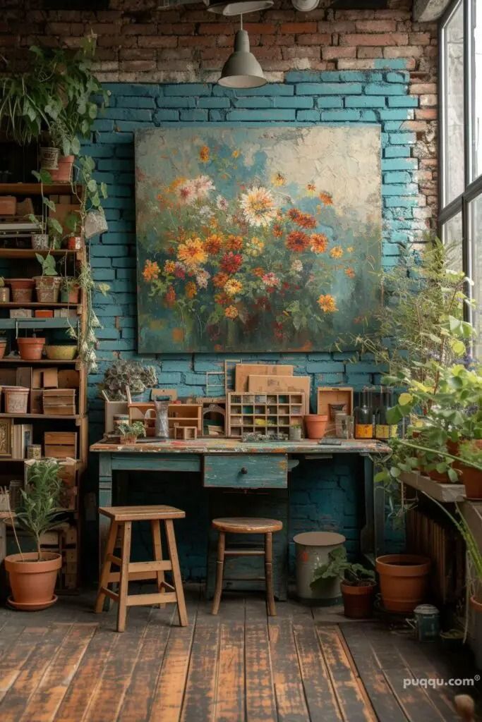 a room filled with lots of potted plants next to a painting on the wall