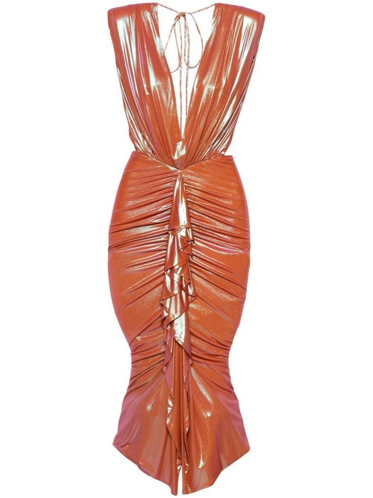 orange metallic sheen mesh panelling draped detailing ruffled detailing gathered detailing V-neck shoulder pads sleeveless open back full lining rear tie fastening Alexandre Vauthier 2023, Alexandre Vauthier Dress, Awards Dress, Edgy Glam, Tank Dresses, Fashion Moodboard, Wedding Guest Looks, Alexandre Vauthier, Jonathan Adler