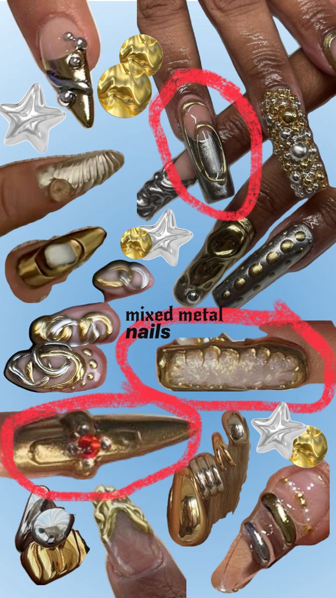 Gold Bead Nails, Mixed Metal Nail Art, Silver Maximalist Nails, Nail Art Maximalist, Mixed Metals Nails, Maximalist Nails Almond, Mixed Metal Nails, Liquid Metal Nails, Fairy Core Nails