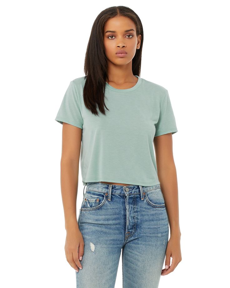 Ladies' Flowy Cropped T-Shirt - DUSTY BLUE - S | Bella + Canvas Women's Flowy Cropped T-Shirt in Dusty Blue Size Small | Polyester Blend Blank Shirts, Crop Top Styles, Party Crop Tops, Yoga Crop Tops, Mama T Shirt, Blue Graphic, Crop T Shirt, Cropped Shirt, Home T Shirts