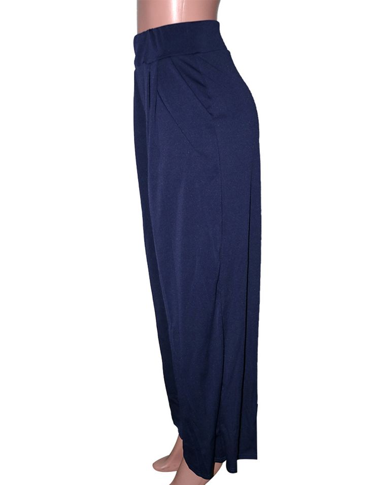 Blue Pocketed Wide Leg Casual Pants Stretch Navy Ankle Pants, Navy Stretch Ankle-length Pants, High Waist Blue Capris With Pockets, Blue High-waist Capris With Pockets, Blue Casual Wide-leg Dress Pants, Navy Wide-leg Pants With Elastic Waistband, Casual Blue Wide-leg Dress Pants, Blue Stretch Wide Leg Bottoms, Blue Wide Leg Stretch Bottoms