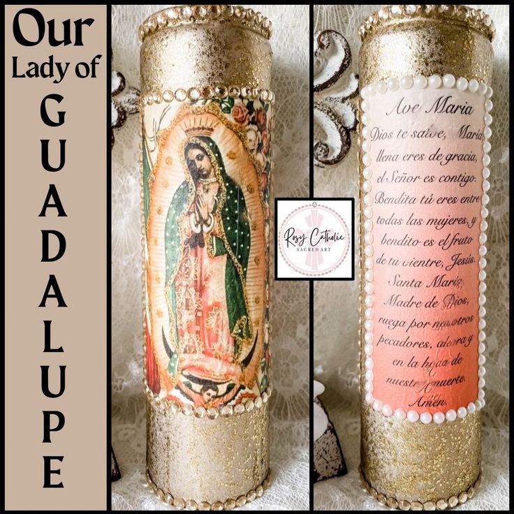 an image of the immaculate mary in gold and pink on a white background with words from our lady of guadalupe