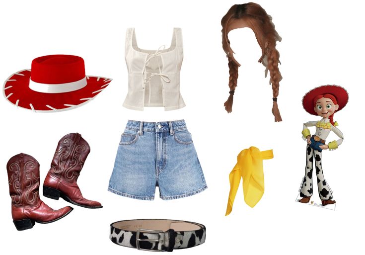 several items are arranged in the shape of a cowboy hat, boots, and cowgirl outfit