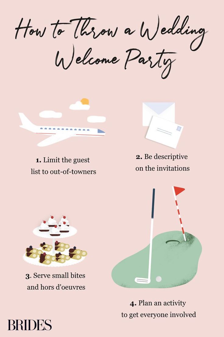 a pink poster with instructions for how to throw a wedding welcome party on the golf course