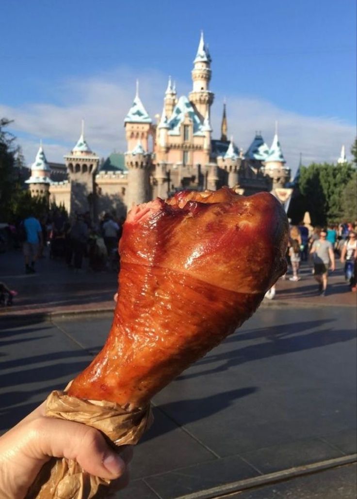 a person holding up a large piece of bacon in front of a castle at disneyland